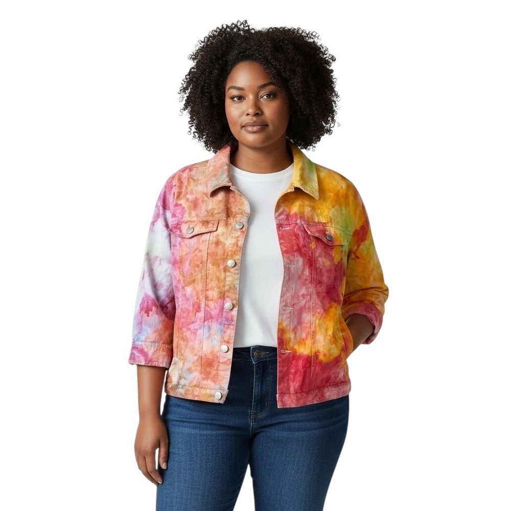 Denim & Co Plus Size 1X Denim‎ Jacket Handmade Tie Dye Jean Rainbow Boho 1097